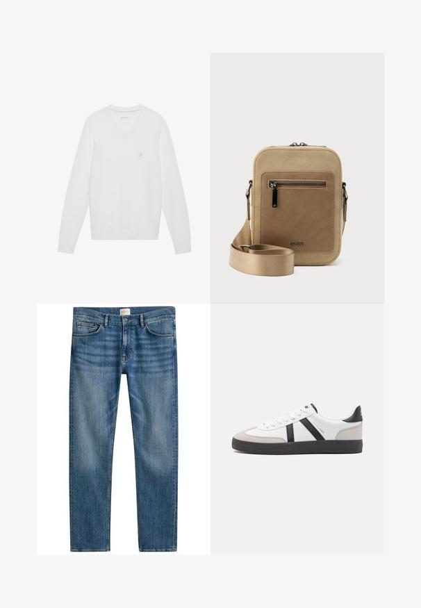 Witte V-hals trui van zachte stof, met lange mouwen en een klein geborduurd logo op de linkerkant van de borst. Gladde textuur, klassiek ontwerp.; Blauwe jeans van denim met een rechte snit, voorzien van vijf zakken, een knoopsluiting en een lichte vervaging over de stof voor textuur.; Witte sneaker met zwarte en grijze accenten, voorzien van een grijze neus met textuur, zwarte rubberen zool en platte witte veters. Schoon ontwerp, minimalistische stijl.; Kleine beige crossbodytas met een voorvak met ritssluiting, metalen ALDO-logo, verstelbare brede band en afgeronde rechthoekige vorm op een witte achtergrond.