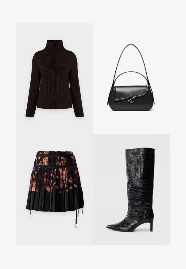Pull à col roulé côtelé de couleur marron foncé, à manches longues, de forme ajustée, avec un motif de tricot texturé. Pas de matériel ou d'accents visibles.; Jupe plissée noire avec un motif floral dans des tons de rose et d'orange, dotée d'une large taille et de cordons de serrage ajustables à l'ourlet.; Bottes noires montantes, avec une texture brillante à motif crocodile, bout pointu et talon effilé. Matériau synthétique lisse.; Sac à bandoulière en cuir noir avec un rabat incurvé fermé par un fermoir métallique rond et une sangle fine et ajustable.
