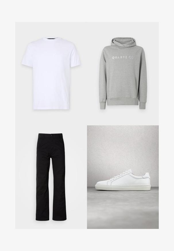 Grijze pullover hoodie van zachte stof, met een capuchon met trekkoord en een voorzak, met "QUARTZ CO" subtiel gedrukt op de borst.; Witte katoenen t-shirt met korte mouwen, ronde halslijn, voorzien van een subtiele reliëflogo op de linkerborst, met een soepele textuur.; Zwarte katoenen broek met een recht design, voorzien van een knoopsluiting en riemlussen. Gladde textuur en minimalistische stijl zonder zichtbare patronen.; Witte sneaker met een gladlederen bovenwerk en een laag profiel. Voorzien van een ronde neus, zes vetergaatjes en een gestructureerde rubberen zool.