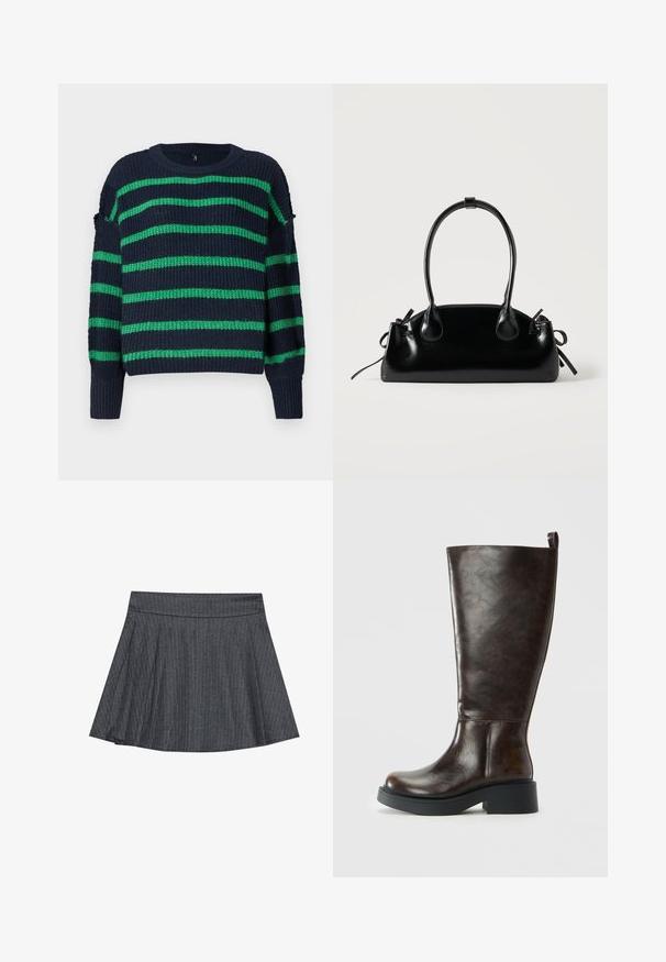 Mørkeblå strikket sweater med grønne vandrette striber og ribbede manchetter, der har en rund halsudskæring og en let løs pasform.; Grå stribede skater nederdel med en tætsiddende talje, udformet i A-linje og en blød stofstruktur. Lodrette linjer øger den visuelle interesse.; Mørkebrun læder knæhøj støvle med rund tå, chunky sort sål, lav blokhæl og trækflig bagpå.; Lille sort blank håndtaske med to lange håndtag og snøre-detaljer i siden på en ensfarvet lys baggrund.