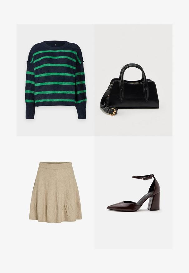 Mørkeblå strikket sweater med grønne vandrette striber og ribbede manchetter, der har en rund halsudskæring og en let løs pasform.; En kort, beige nederdel lavet af et blødt, tekstureret stof med en ribbet talje og let plissering nær kanten.; Mørkebrunt læder pumps med spids tå, høj hæl, ankelrem og sølvspænde på hvid baggrund.; Sort læderhåndtaske med dobbelt håndtag og aftagelig skulderrem med guldlås, sat mod en ensfarvet hvid baggrund.