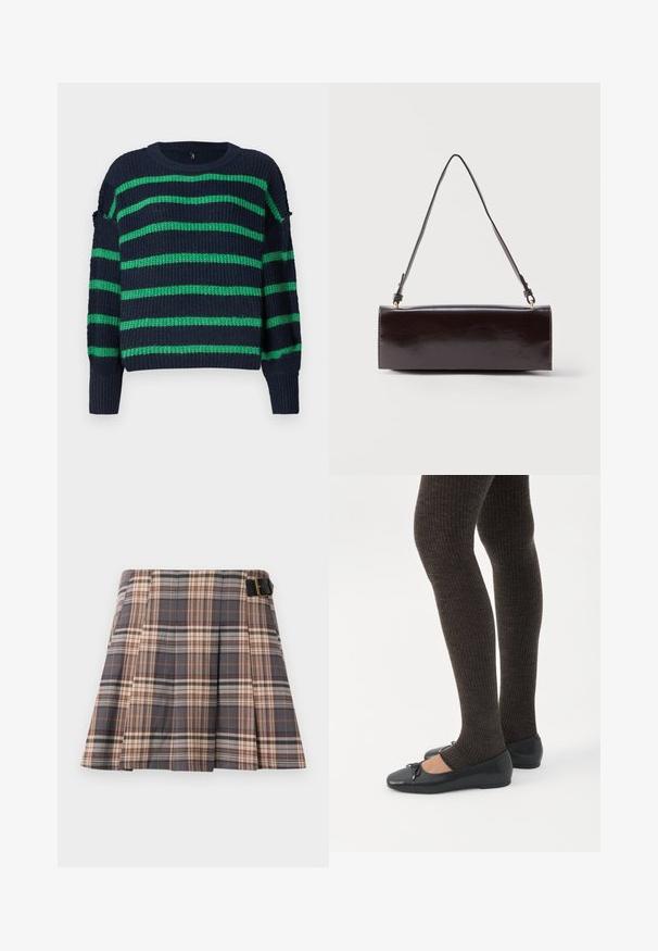 Mørkeblå strikket sweater med grønne vandrette striber og ribbede manchetter, der har en rund halsudskæring og en let løs pasform.; Rutig nederdel i grå, beige og rustfarver; har plisseringer, en spænde detalje og et struktureret design. Fremstillet af et vævet stof.; Ben iført mørke ribbede leggings kombineret med sorte balletsko med små sløjfedetaljer på hvid baggrund.; Rektangulær sort læderhåndtaske med en enkelt lang rem og blank finish, vist mod en ensfarvet hvid baggrund.