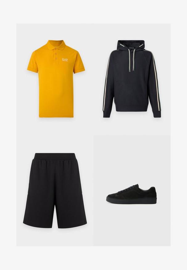 Sweat à capuche noir avec double rayures crème et vert le long des manches et cordons de serrage assortis, arborant un petit logo sur la poitrine.; Polo jaune vif à manches courtes avec trois boutons et logo blanc "EA7 Emporio Armani" sur le côté gauche de la poitrine.; Shorts noirs avec une taille élastique, fabriqués en tissu doux, présentant des jambes à coupe droite et sans motifs ni accents apparents.; Basket en suède noire avec une semelle plate et texturée, un bout rond, six œillets pour les lacets et un design minimaliste.
