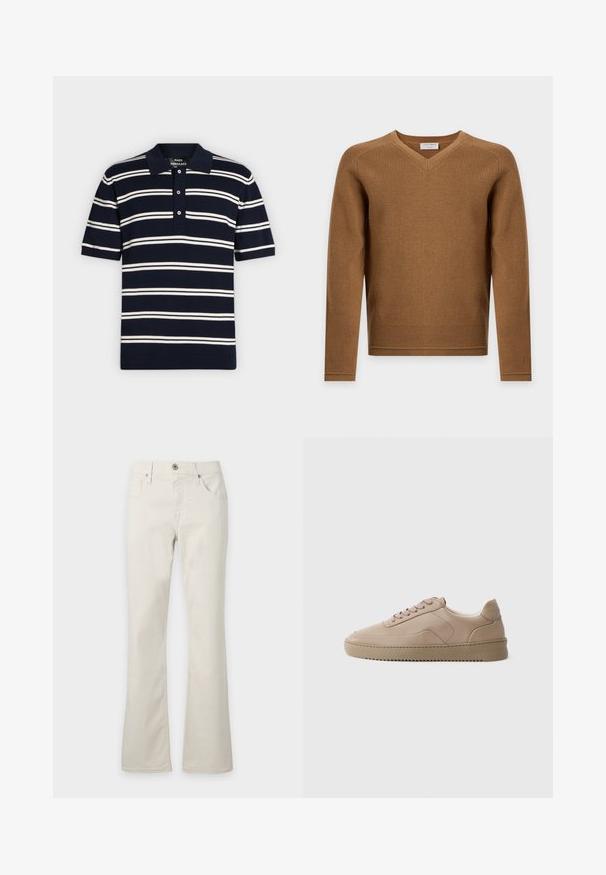Pull marron à manches longues avec col en V tricoté, avec col, épaules, poignets et ourlet côtelés, présenté sur un fond uni clair.; Polo bleu marine à manches courtes avec des rayures blanches horizontales et une patte à trois boutons.; Pantalon droit blanc cassé avec poches avant, passants de ceinture, fermeture par bouton et braguette zippée, présenté sur un fond uni.; Baskets en cuir beige avec lacets plats, finition lisse et semelle extérieure en caoutchouc texturé. Coutures sur le panneau latéral et design de orteil arrondi.