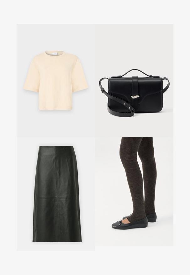Beige katoenen T-shirt met korte mouwen, ronde hals en een losse pasvorm. Gladde textuur zonder patronen of extra accenten.; Zwarte leren midi-rok met een rechte snit. Gladde textuur, minimale naden en een nauwsluitende tailleband. Geen zichtbare zakken of extra details.; Benen met donkere geribbelde leggings gecombineerd met zwarte ballerina's met kleine strikdetails op een witte achtergrond.; Zwarte leren crossbodytas met handvat aan de bovenkant, zilveren sluiting en verstelbare schouderriem op een witte achtergrond.