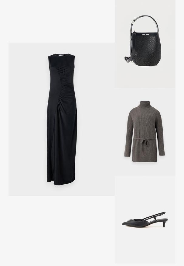 Pull à col roulé gris à côtes avec des manches longues et un détail de taille nouée. Fabriqué en matériau doux avec une finition texturée.; Robe maxi noire sans manches avec des détails drapés sur le côté, fabriquée en tissu lisse ; présente un col rond et une silhouette ajustée.; Chaussures noires à talon slingback avec un bout pointu, en matériau lisse, dotées d'un petit talon et d'un accent décoratif en argent sur le dessus.; Sac à main tissé noir avec base arrondie, garniture en cuir, bandoulière réglable et logo de la marque Samsøe Samsøe sur la bande supérieure.