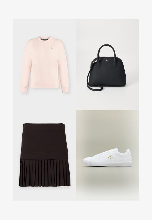 Sweat-shirt rose clair à manches longues avec col rond, poignets et ourlet côtelés, avec un petit logo crocodile vert Lacoste sur la poitrine gauche.; Jupe noire avec une large ceinture et une partie inférieure plissée, étalée à plat sur un fond blanc.; Baskets blanches en cuir lisse avec un embout arrondi, des lacets plats et un petit logo doré. Présente une semelle en caoutchouc texturée et un design sobre.; Sac à main noir en matériau texturé, doté de deux poignées supérieures et d'une bandoulière amovible, avec un accent logo en argent.