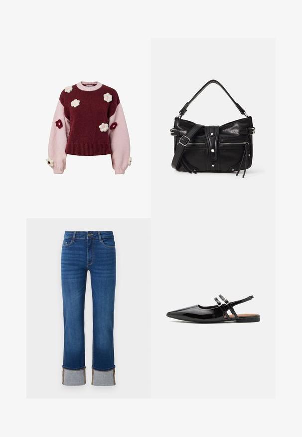 Gebreide trui met bordeauxrode en roze delen, verfraaid met gebreide bloemapplicaties in roze en bordeauxrood op mouwen en lichaam.; Blauwe denim jeans met een rechte pijp, voorzien van opgerolde manchetten in lichtgrijs. Middenhoogte taille en traditionele vijf-pocketdesign.; Zwarte gepatineerde leren slingback schoenen hebben een spitse neus, twee banden met gespsieraden en een platte zool.; Even&Odd by Zalando H24462 - Handtas - black