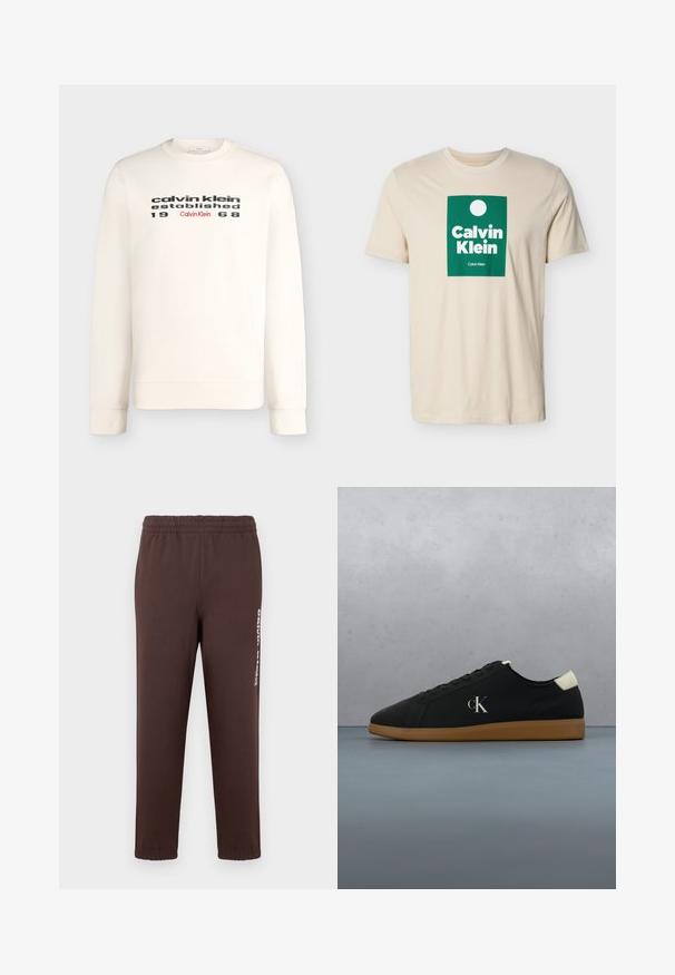 Calvin Klein Jeans GRAPHIC CREWNECK - Sweatshirt - black; Beige kurzärmliges T-Shirt mit grünem rechteckigem Logo, das einen weißen Kreis und den Schriftzug "Calvin Klein" in fetten weißen Buchstaben zeigt.; Braune Jogginghose aus weichem Stoff mit elastischem Bund und weißem Logo auf dem linken Bein. Eng anliegende Bündchen an den Knöcheln.; Schwarze Leinensneaker mit einer Gummisohle, featuring einem silbernen "cK"-Logo an der Seite und einem weißen Akzent an der Ferse. Niedrig geschnittenes Design.