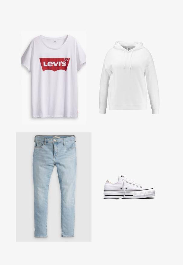 Sweat à capuche blanc avec une coupe décontractée, cordons sur la capuche, poignets et ourlet côtelés. Fabriqué en tissu doux avec une texture lisse.; T-shirt en coton blanc avec un logo rouge Levi's en forme d'étiquette rouge. Manches courtes et encolure ronde, coupe décontractée.; Jean en denim bleu clair à coupe ajustée, cinq poches et fermeture par bouton. Présente un léger effet délavé et des coutures contrastées le long des coutures.; Baskets basses en toile blanche avec lacets blancs, bandes noires sur la semelle et embout en caoutchouc texturé, vue de côté sur fond blanc.