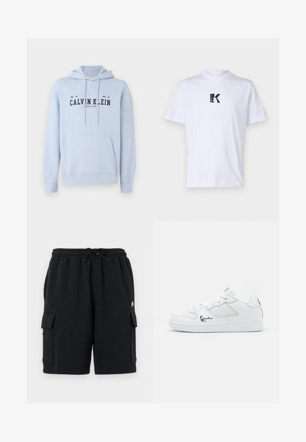 Hellblaue Kapuzenjacke aus Stoff, mit einer frontalen Tasche, Kordelzugkapuze und schwarzem Drucktext "CALVIN KLEIN Established 1968" auf der Vorderseite.; Weißes Baumwoll-T-Shirt mit einem schwarzen Grafiklogo, das den Buchstaben "K" in einem quadratischen Design zeigt. Klassischer Rundhals und kurze Ärmel.; Schwarze Baumwoll-Cargoshorts mit elastischem Bund und Kordelzug, ausgestattet mit zwei Seitentaschen und einem kleinen Logoakzent.; Weiße Sneaker aus synthetischem Material mit perforierten Details, flachen Schnürsenkeln, einer strukturierten Sohle und einem marineblauen Logo an der Seite und Ferse.