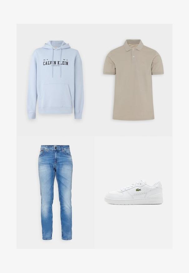 Lichtblauwe hoodie van stof, met een voorzak, een verstelbare capuchon en zwarte bedrukt tekst "CALVIN KLEIN Established 1968" op de voorkant.; Beige poloshirt met korte mouwen, gemaakt van katoen, met een kraag, twee knopen en een ton-sur-ton geborduurd logo op de linker borst. Gladde textuur.; Lichtblauwe denim jeans met een licht vervaagd uiterlijk, voorzien van een standaard vijf-pocketontwerp, knoopsluiting en rechte pijpen.; Witte leren sneakers met geperforeerde accenten, platte veters en een klein groen logo aan de zijkant. Rubberen zool en gewatteerde kraag voor comfort.