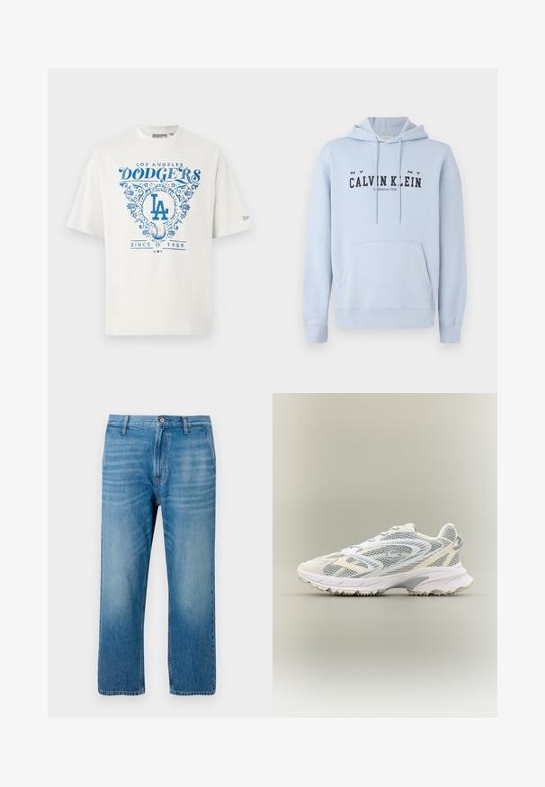 Svetlomodrá mikina vyrobená z látky, s prednou kapsou, kapucňou so šnúrkami a čiernym potlačeným textom "CALVIN KLEIN Established 1968" na prednej strane.; Biela bavlnená tričko s modrým grafickým textom "LOS ANGELES DODGERS" a "SINCE 1958" s kvetinovými akcentmi a logom "LA" v strede.; Svetlomodré denimové džínsy so stredným strihom, dizajnom s piatimi vreckami, zapínaním na gombík a jemným vyblednutím na prednej strane. Bez viditeľných vzorov.; Biele športové topánky s šedými sieťovinovými panelmi, štruktúrovanými prekrytiami, polstrovaným golierom a gumovou podrážkou s malými trakčnými hrotmi.