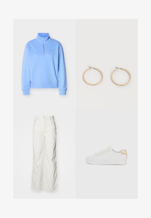 Sweat-shirt bleu clair à fermeture éclair quart de longueur avec col montant, manches longues, poignets et ourlet côtelés, et un petit logo brodé sur la poitrine.; Jean large blanc à taille haute, confectionné en tissu coton texturé, avec cinq poches et des détails en métal.; Baskets blanches avec une finition en daim texturé, semelle plate, œillets dorés et un accent doré au niveau du talon. Design simple et minimaliste.; Paire de boucles d'oreilles créoles moyennes lisses ton or avec fermoirs à charnière sur fond clair uni.
