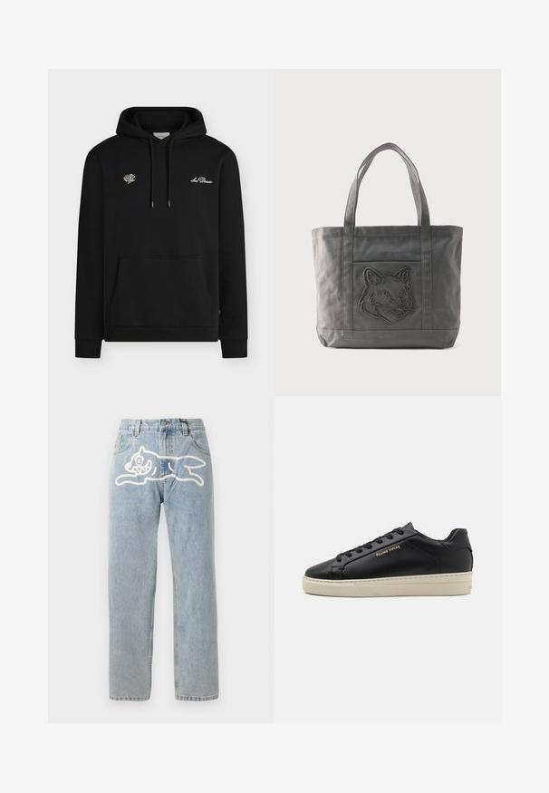Sort hættetrøje med forlomme, snore, broderet hvid rose på venstre bryst og teksten "Les Deux" på højre bryst.; Lyselavendel denim jeans med en lige pasform, der har et stort hvidt grafik af en kat på ryggen. Klassisk fem-lommers design.; Sorte lædersneakers med en glat finish, kontrasterende cremefarvet sål, rund tå, guld logo på siden og seks huller til snørebånd.; Grå lærredsnet med to håndtag og frontlomme med broderet ulvehoveddesign.