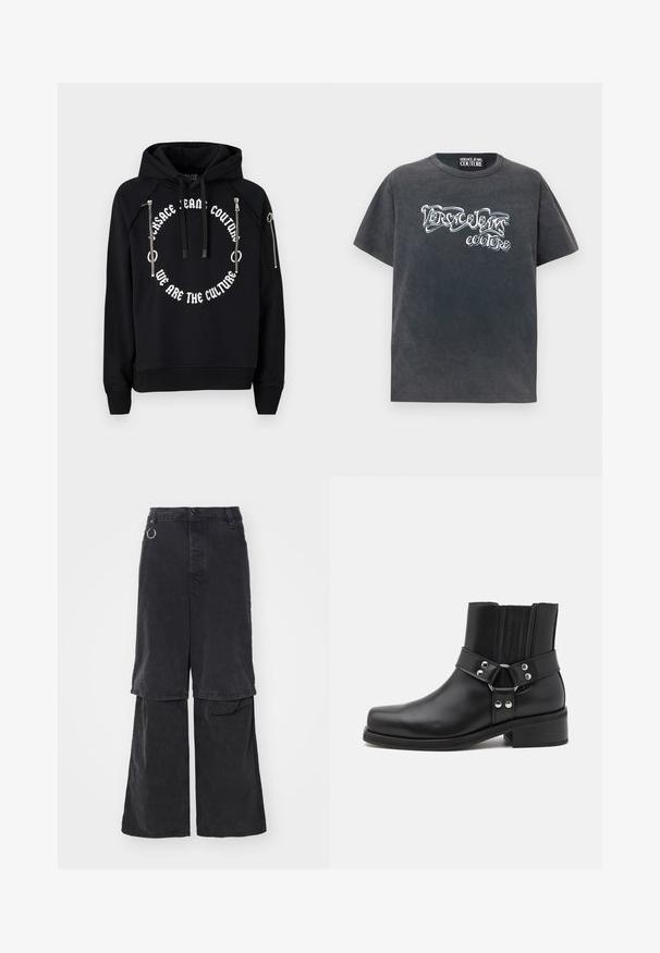 Sort cropped hoodie med en rummelig hætte, der har et cirkulært hvidt grafisk tryk og to metal lynlåslommer på forsiden.; Mørkegrå T-shirt med korte ærmer, hvidt stiliseret "Versace Jeans Couture"-tryk på brystet og rund hals.; Études NOCTURNE - Jeans Relaxed Fit - black washed; The Kooples CHAUSSURES - Cowboy- / bikerstøvlette - black
