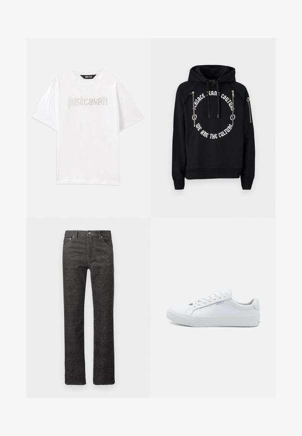 Μαύρη κοντή hoodie με ευρύχωρη κουκούλα, διαθέτει κυκλική λευκή εκτύπωση και δύο μεταλλικές τσέπες με φερμουάρ στο μπροστινό μέρος.; Λευκή βαμβακερή μπλούζα με κοντά μανίκια και χαλαρή εφαρμογή. Διαθέτει το λογότυπο "Just Cavalli" κεντημένο σε ασημί χρώμα στο στήθος.; Μαύρα τζιν καμπάνα από κοτλέ με μπροστινές και πίσω τσέπες, βρόχους ζωνών και κλείσιμο με κουμπί σε λευκό φόντο.; Λευκά δερμάτινα sneakers με λεία επιφάνεια, χαμηλό σχεδιασμό, στρογγυλή μύτη και επίπεδη καουτσούκ σόλα. Διαθέτουν επίπεδα κορδόνια και ελάχιστη σήμανση.