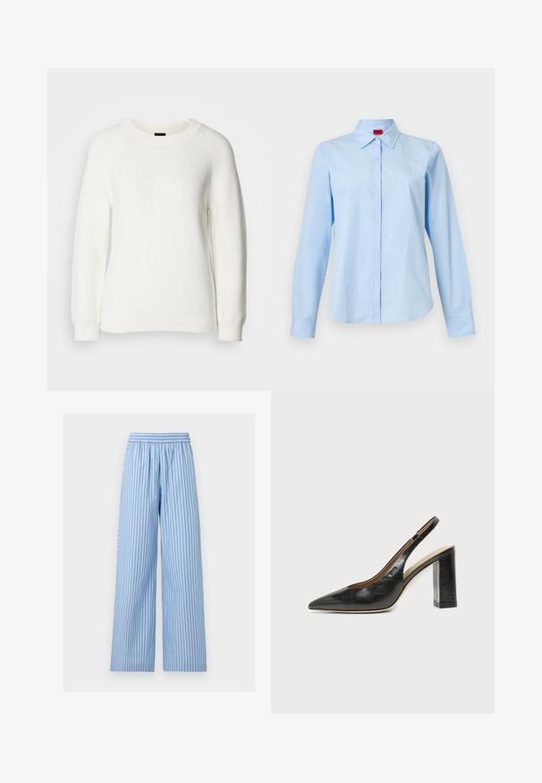 Pull en maille blanc à manches longues avec col rond et poignets et ourlet côtelés, présenté sur un fond clair uni.; Chemise bleu clair à manches longues avec col pointu et petit logo sur la poitrine gauche, présentée sur un fond blanc uni.; Pantalon bleu clair à jambes larges avec fines rayures verticales bleu foncé et une taille élastique.; Chaussure slingback en cuir noir à bout pointu avec un talon bloc haut et une doublure intérieure beige sur un fond clair uni.
