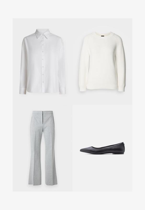 Pull en maille blanc à manches longues avec col rond et poignets et ourlet côtelés, présenté sur un fond clair uni.; Chemise blanche à manches longues boutonnée, avec col pointu et poignets standards, présentée sur un fond clair uni.; Pantalon gris clair taille haute, taille ajustée avec un motif chevron subtil, pli frontal, poches latérales et jambes légèrement évasées.; Chaussure plate en cuir noire à bout pointu avec petit talon, vue de profil sur fond blanc.