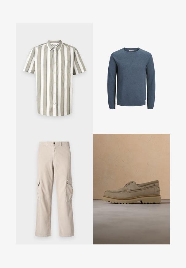 Sweat-shirt bleu foncé à manches longues avec un col rond, un tissu texturé et des poignets côtelés. Comporte une petite étiquette logo à l'ourlet.; Chemise à manches courtes avec boutons, rayée beige clair et blanche, dotée d'une poche, fabriquée dans un tissu léger, avec un col.; Pantalons cargo en velours côtelé beige avec deux poches latérales, une fermeture par bouton et une coupe évasée ; présente une texture à côtes verticales.; Chaussure décontractée beige en daim à lacets avec une semelle épaisse et rainurée, présentée en suspension au-dessus d'une surface texturée beige assortie et d'un arrière-plan.