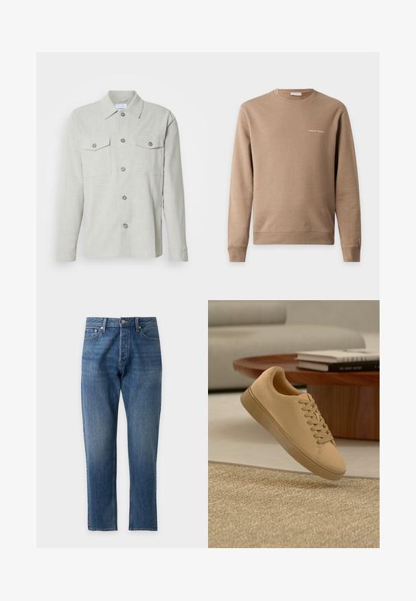Sweat beige à manches longues avec col rond, poignets et bas côtelés, avec un petit texte blanc "Tiger of Sweden" sur la poitrine.; Chemise boutonnée gris clair, en tissu texturé, avec un col, deux poches poitrine et cinq boutons sur le devant.; Jean en denim bleu avec une taille haute, des jambes droites, un bouton devant et un design à cinq poches sur un fond clair uni.; Baskets beiges à lacets flottant au-dessus d'un tapis texturé avec une table basse en bois et des livres empilés en arrière-plan flou.
