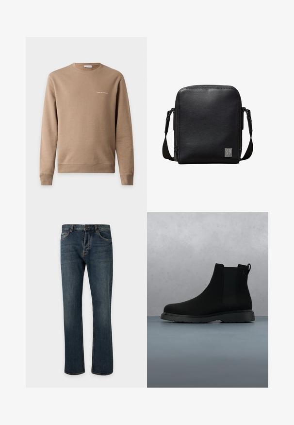 Beiger Langarm-Sweatshirt mit Rundhalsausschnitt, Rippenbündchen an Ärmeln und Saum, mit kleinem weißen "Tiger of Sweden" Schriftzug auf der Brust.; Dunkelblaue Straight-Leg-Denimjeans mit vorderem Knopf und Reißverschluss, Gürtelschlaufen und sichtbaren vorderen Taschen vor einem einfarbig hellen Hintergrund.; Schwarze Knöchelstiefel aus glattem Material mit subtilen Nähten, einer Gummisohle und einem eleganten Design, platziert auf einer Oberfläche mit Holzstruktur.; Schwarze, strukturiert geprägte Leder-Umhängetasche mit verstellbarem Riemen und vorderseitigem Metall-Logo von Calvin Klein.