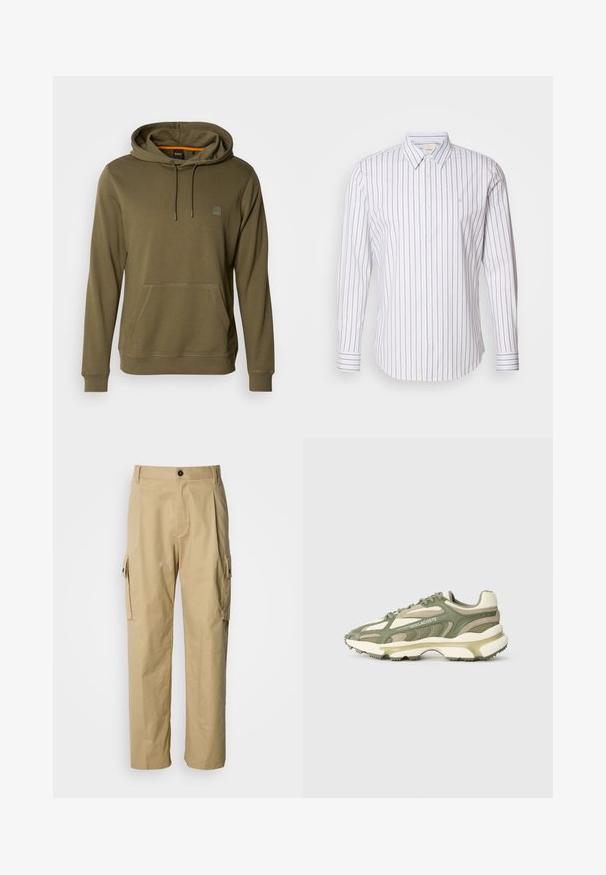 Oliven grøn hoodie lavet af blødt stof, med en lomme foran, justerbar snoretræk på hætten og et diskret logo-patch på brystet.; Calvin Klein SLIM FIT - Skjorter - gray marble; Beige cargobukser lavet af holdbart stof, med løs pasform, sidelommer og knaplukning i taljen.; Grønne og beige atletiksko med mesh og ruskindsoverdel, tekstureret mellemsål, synligt snøresystem og præget logodetalje.