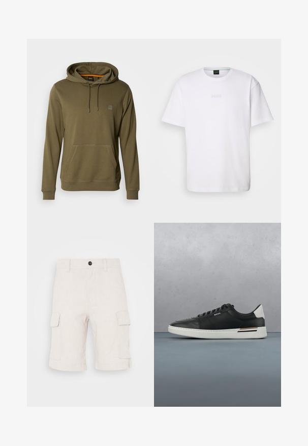 Sudadera color verde olivo hecha de una tela suave, con un bolsillo frontal, capucha ajustable con cordón y un discreto parche de logo en el pecho.; Camiseta de algodón blanca de manga corta, con escote redondo y logotipo grabado de "BOSS" en el pecho. Textura suave, ajuste estándar.; Pantalones cortos cargo beige hechos de tela ligera, con dos bolsillos laterales y un dobladillo doblado. Cierre de botón en la cintura.; Zapatilla de cuero negra con suela blanca, cuenta con perforaciones, diseño de cordones, logo en el costado y detalle del talón en blanco y marrón.