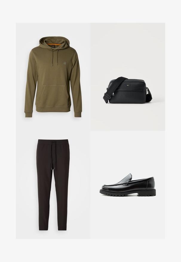 Hoodie vert olive en tissu doux, avec une poche avant, un capuchon ajustable avec cordon de serrage et un patch logo discret sur la poitrine.; Pantalon de jogging noir en tissu doux, avec une taille élastique et un cordon de serrage, des jambes fuselées et sans motifs ni embellissements visibles.; Mocassin en cuir noir avec semelle en caoutchouc épaisse, dessus cousu et nom de marque embossé sur le talon, présenté de profil sur fond blanc.; Sac bandoulière en cuir noir texturé avec poche avant zippée et bandoulière large en tissu réglable sur fond blanc.