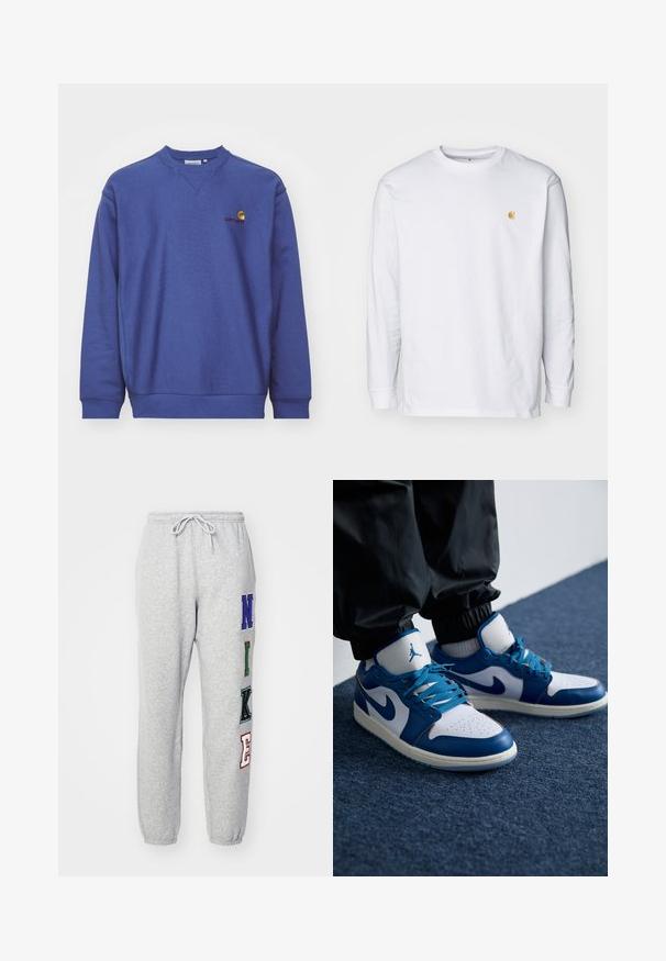 Sudadera de forro polar azul con puños y dobladillo acanalados. Presenta un cuello redondo y un pequeño logotipo bordado en el pecho. Textura suave.; Camiseta de manga larga blanca de algodón. Cuenta con un pequeño logo dorado en el pecho y un cuello redondo. Diseño simple y corte estándar.; Nike Sportswear Pantalones deportivos - dk grey heather; Las zapatillas Nike Air Jordan cuentan con una base de cuero blanco con acentos sintéticos azules, una caja de dedos perforada y cordones azules.