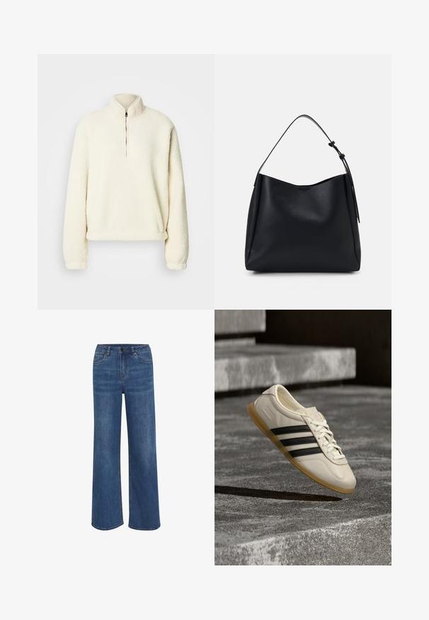 Kremfarvet fleecepullover med høj krave, halv lynlås, løs pasform og ribstrikkede manchetter. Blød tekstur med en glat indvendig foring.; Bredde jeans lavet af medium blå denim. Har en knap- og lynlåslukning, fem lommer og subtil falmning på stoffet.; Hvid sneaker med sorte striber og gummisål svæver over betontrapper i blødt dagslys.; Sort læder hobo taske med en enkelt skulderrem, glat tekstur, strammet top og minimalistisk design uden synligt hardware.