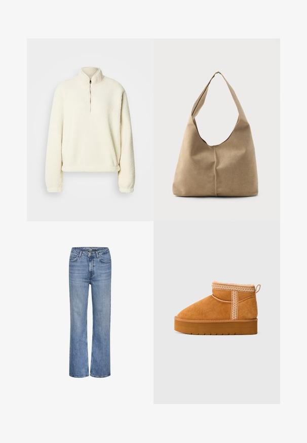 Cremefarbener Fleece-Pullover mit hohem Kragen, halbem Reißverschluss, lockerem Schnitt und gerippten Bündchen. Weiche Textur mit glattem Innenfutter.; Blaue hoch taillierte gerade Jeans aus Denim mit vorderem Knopf, Reißverschluss und Fünf-Taschen-Design.; Beige Wildleder-Ankle-Boot mit dicker Gummisohle, dekorativen Nähten, einer Schlaufe zum Ziehen und weichem Futter, das am oberen Rand sichtbar ist.; Hobo-Tasche aus weichem beigen Wildleder mit einer lässigen Form, breitem Schulterriemen und einer handgestickten Nahtdetail entlang der Vorderseite.