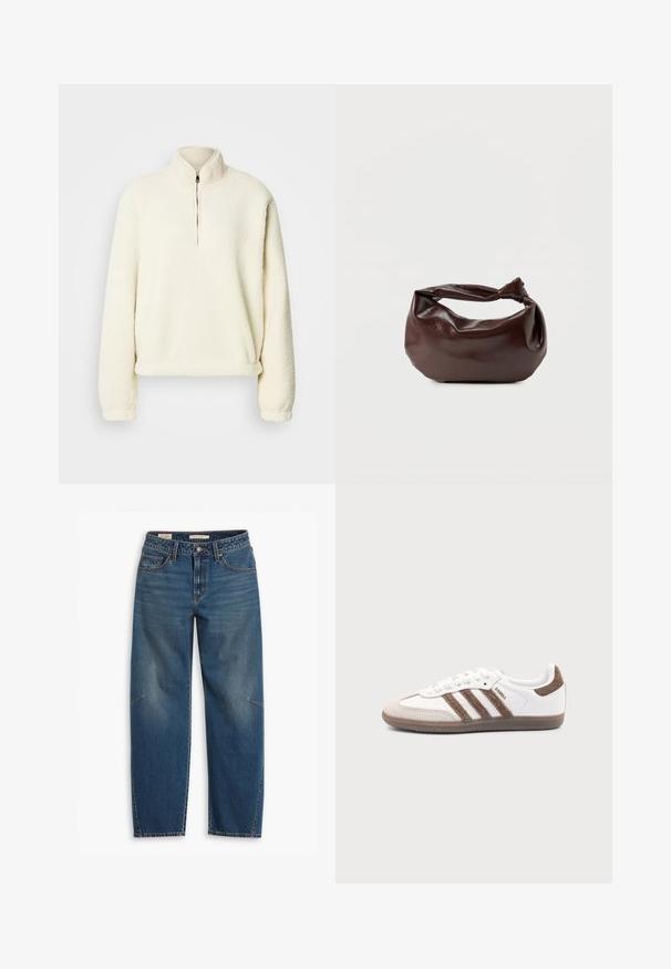 Kremfarvet fleecepullover med høj krave, halv lynlås, løs pasform og ribstrikkede manchetter. Blød tekstur med en glat indvendig foring.; Blå denim jeans med en afslappet pasform, der har høj talje, lige ben, synligt syning og en lille detalje på venstre knæ.; Hvid Adidas Samba sneaker med brune ruskindstriber, brun gummisål og beige ruskindståhætte, vist fra ydersiden på en ensfarvet baggrund.; Mørkebrun læder skuldertaske med en blød, afslappet form og et snoet knudehåndtag på en ensartet hvid baggrund.