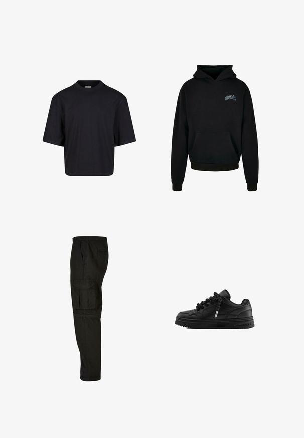 Sort hoodie lavet af fleece-materiale, med en kængurulomme, ribbede manchetter og kant, samt et frontlogo i lys blå.; Sort bomulds t-shirt med rund halsudskæring, korte ærmer og en oversized pasform. Glat tekstur og minimalistisk design. Ingen synlige logoer.; Sorte cargo bukser med afslappet pasform, elastisk talje, sidelommer og en stor cargo lomme på låret. Blødt, letvægtsstof.; Sort lavtopet lædersneaker med tyk sål, perforeret tå og chunky snoede snørebånd, vist i sideprofil på hvid baggrund.