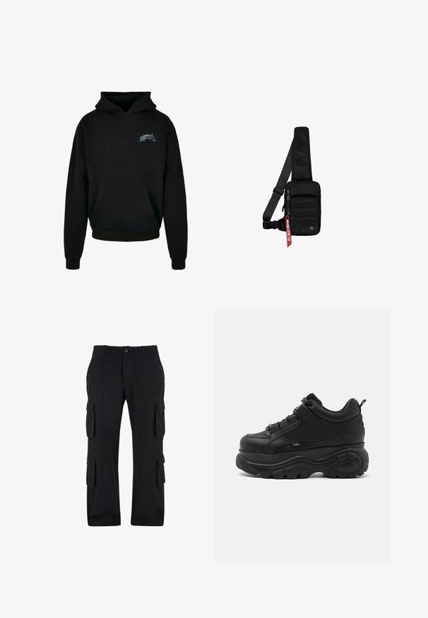 Sort hoodie lavet af fleece-materiale, med en kængurulomme, ribbede manchetter og kant, samt et frontlogo i lys blå.; Sorte cargo bukser lavet af bomuldsstof, med flere sidelommer, en afslappet pasform og lige ben-design.; Svarte lædersneakers med chunky såler, tykk gummisål, slankt design og teksturerede detaljer. Har snørebånd og en pull tab ved hælen.; Sort skuldertaske lavet af tekstureret stof. Har et lynlåslukket hovedrum, forlom med webbing, justerbar rem og et dekorativt mærke.