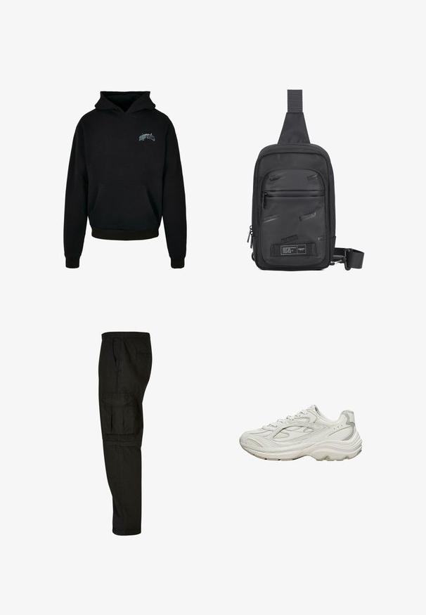 Zwarte hoodie van fleece materiaal, met een kangoeroezak, ribbels bij de mouwen en onderkant, en een logo aan de voorkant in lichtblauw.; Zwarte cargobroek met een relaxte pasvorm, elastische tailleband, zijzakken en een grote cargozak op de dij. Zacht, lichtgewicht stof.; Witte sneaker met een gestructureerd bovenwerk en een dikke zool. Kenmerken zijn onder andere gebogen lijnen, subtiele grijze accenten en een veterontwerp.; Zwarte schoudertas gemaakt van duurzaam materiaal, met een gladde voorpaneel met reliëflogo's, een verstelbare schouderband en ritssluitingen.