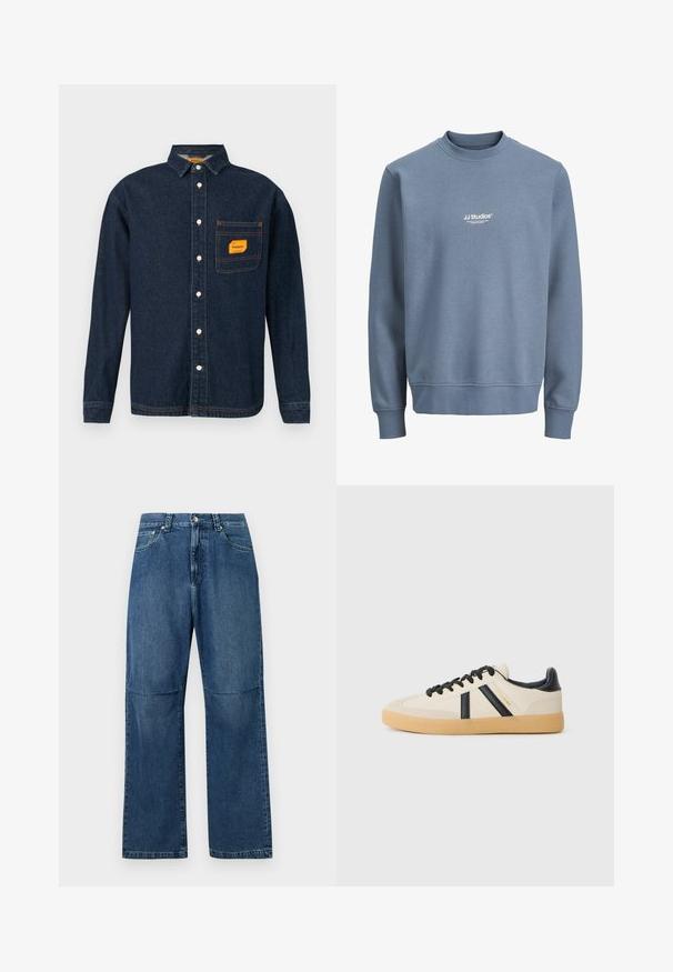 Blauw crewneck sweatshirt met lange mouwen en wit "JJ Studios" logo gecentreerd op de borst.; Donkerblauwe denim shirt met button-down kraag, oranje label op de borstzak en witte knopen. Zachte textuur met contrasterende stikseldetails.; Blauwe straight-leg denim jeans met hoge taille, knoop- en ritsluiting aan de voorkant en zakken voor en achter.; Casual sneakers in crème met zwarte strepen, voorzien van een gestructureerde bovenkant en een gumrubberen zool. Veters zijn zwart. Subtiel logo aan de zijkant.