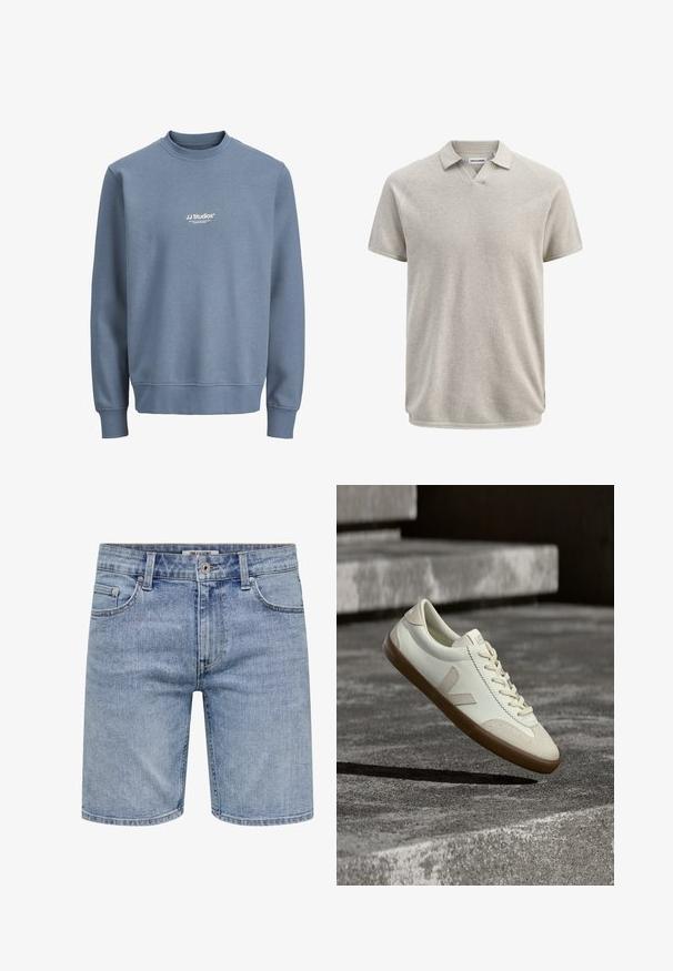 Sweat-shirt bleu à col rond avec manches longues et logo blanc "JJ Studios" centré sur la poitrine.; Polo beige texturé à manches courtes avec col et légère ouverture en V, portant l'étiquette Jack & Jones.; Short en jean bleu clair avec fermeture éclair devant, fermeture à bouton, passants de ceinture et cinq poches, présenté de face sur fond blanc.; Baskets en cuir blanc avec semelle en caoutchouc beige, lacets plats et accent en forme de V sur le côté. Présentent une surface lisse et peu de détails de couture.