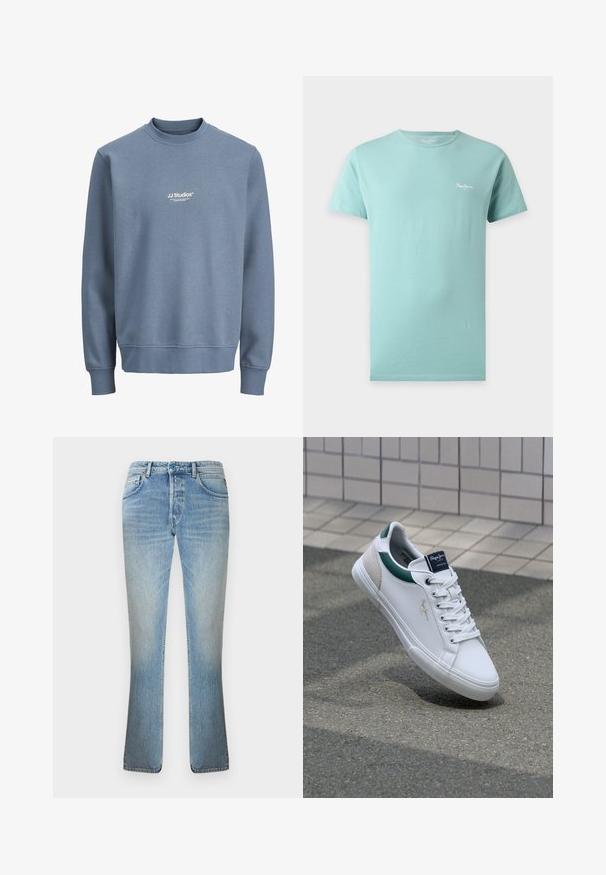 Blå crewneck-sweatshirt med lange ærmer og hvidt "JJ Studios" logo centreret på brystet.; Lyseblå T-shirt med korte ærmer og rund hals med lille hvid Pepe Jeans-logo på venstre bryst, vist på en ensfarvet baggrund.; Lyseblå denimjeans med lige ben, forlommer, knaplukning og subtil falmning på lår og knæ.; Hvide lædersneakers med grønne og beige accenter, der har en tekstureret sål, rund tå og traditionelt snørrebåndsdesign.