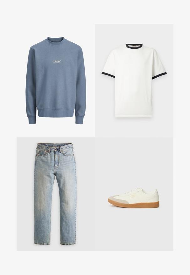 Blauw crewneck sweatshirt met lange mouwen en wit "JJ Studios" logo gecentreerd op de borst.; Witte T-shirt met korte mouwen en zwarte rand aan de ronde hals en mouwboorden, afgebeeld op een effen lichtgrijze achtergrond.; Lichtblauwe denim jeans met hoge taille, frontknop, rits en vijfzakkenontwerp, plat gelegd op een neutrale achtergrond.; Schoen gemaakt van wit leer met een beige teenkap en een lichtbruine rubberen zool. Voorzien van platte witte veters en reliëfbranding aan de zijkant.
