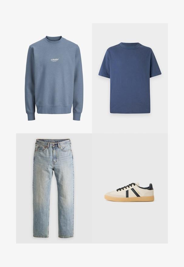 Sudadera azul con cuello redondo, mangas largas y logo blanco "JJ Studios" centrado en el pecho.; Camiseta de manga corta en azul marino hecha de algodón suave. Presenta un cuello redondo y un ajuste relajado. Textura suave sin patrones o acentos visibles.; Jeans de mezclilla azul claro de cintura alta, con botón frontal, cremallera y diseño de cinco bolsillos, dispuestos sobre un fondo neutro.; Zapatillas casuales en crema con rayas negras, con parte superior texturizada y suela de goma. Los cordones son negros. Logo sutil en el costado.
