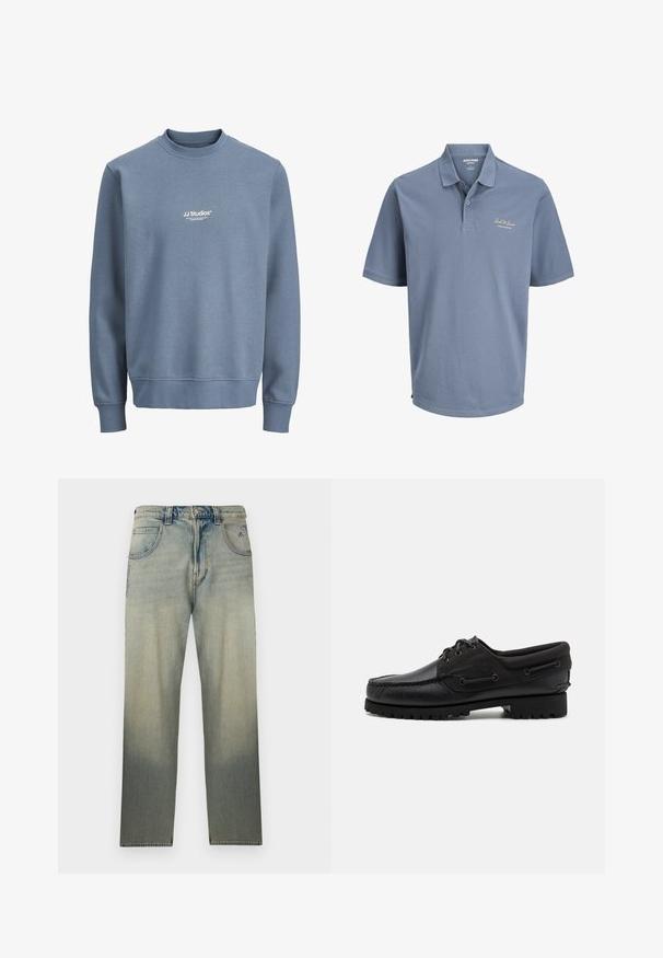 Sweat-shirt bleu à col rond avec manches longues et logo blanc "JJ Studios" centré sur la poitrine.; Polo bleu à manches courtes avec col et deux boutons, arborant le logo "Jack & Jones" brodé sur le côté gauche de la poitrine.; Jean en denim délavé à jambe droite avec cinq poches, fermeture par bouton, et détails de couture subtils près des poches avant.; Chaussure noire avec un dessus en cuir, des accents textiles, des lacets ronds et une semelle en caoutchouc texturé. Présente des coutures mocassins et des détails de marque.