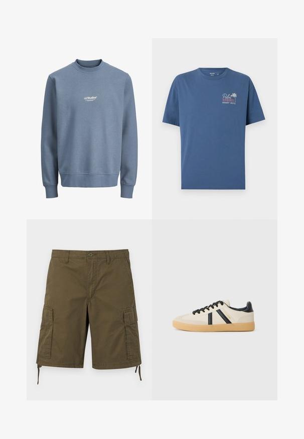 Sweat-shirt bleu à col rond avec manches longues et logo blanc "JJ Studios" centré sur la poitrine.; T-shirt bleu à manches courtes avec le texte "Palm Springs Desert Motel" et un graphisme de palmier sur le côté gauche de la poitrine.; Short cargo kaki avec poches latérales à rabat, fermeture à boutons à l'avant, passants pour ceinture et cordons réglables à l'ourlet.; Baskets décontractées en crème avec des rayures noires, présentant un dessus texturé et une semelle en caoutchouc. Les lacets sont noirs. Logo discret sur le côté.