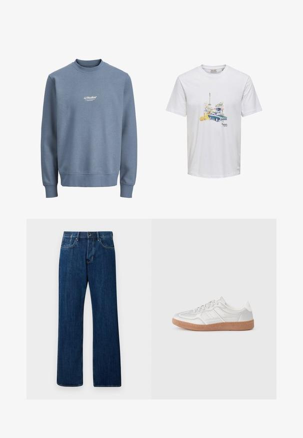 Blaues Sweatshirt mit Rundhalsausschnitt, langen Ärmeln und weißem "JJ Studios"-Logo mittig auf der Brust.; Weißes T-Shirt mit Aufdruck des Eiffelturms, einem Oldtimer, einem orangenen Getränk mit Blume und dem Schriftzug „Parisien Lifestyle“ vorne in der Mitte.; Dunkelblaue Jeans aus Denim, gerade Beinform, mittlere Bundhöhe, klassischer Fünf-Taschen-Stil und leichte Verblassung, mit einem Metallknopfverschluss.; Silberne Sneakers mit glatter Textur, Schnürdesign, durchbrochenen Akzenten und einer strukturierten braunen Gummisohle.