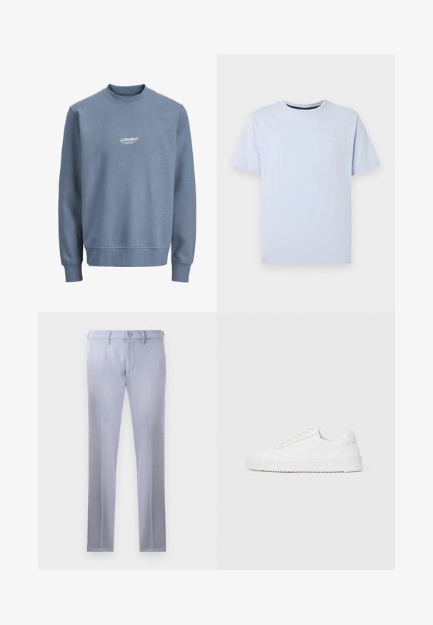 Blå crewneck-sweatshirt med lange ærmer og hvidt "JJ Studios" logo centreret på brystet.; Lyseblå T-shirt med korte ærmer og rund hals, med en lille hvid logo på venstre bryst, vist mod en ensfarvet hvid baggrund.; Lysegrå skræddersyede bukser lavet af glat stof, med knaplukning, bæltestropper og lige ben. Ingen synlige lommer.; Hvid sneaker med en glat læderoverdel, rund tå, snørebånd, teksturerede sideaccenter og en tyk gummisål. Minimalistisk design.