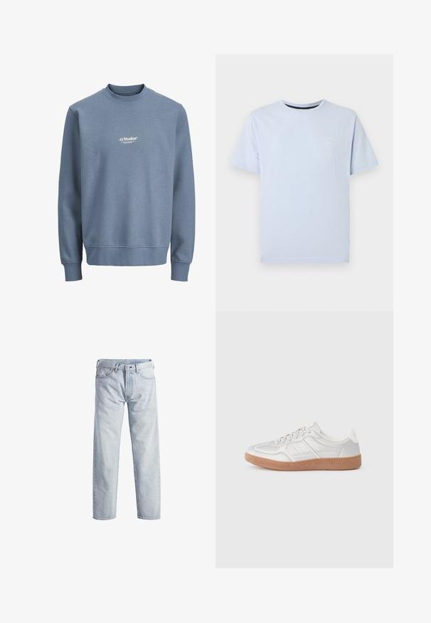 Sudadera azul con cuello redondo, mangas largas y logo blanco "JJ Studios" centrado en el pecho.; Camiseta azul claro de manga corta con cuello redondo y un pequeño logo blanco en el pecho izquierdo sobre un fondo blanco liso.; Vaqueros de mezclilla de color azul claro con un diseño de pierna recta, cierre de botón, cinco bolsillos y una textura de desgaste sutil. Presenta detalles de metal.; Zapatillas plateadas con una textura suave, diseño de cordones, acentos perforados y una suela de goma marrón texturizada.