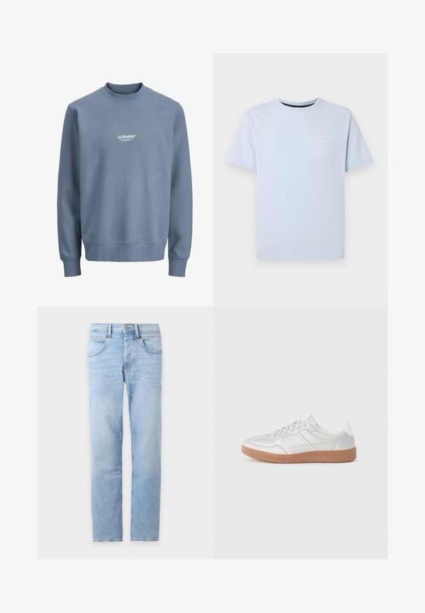 Sweat-shirt bleu à col rond avec manches longues et logo blanc "JJ Studios" centré sur la poitrine.; T-shirt bleu clair à manches courtes et col rond avec un petit logo blanc sur le côté gauche de la poitrine, sur un fond blanc uni.; Jean denim bleu clair à jambes droites avec poches avant, passants de ceinture et fermeture à boutons sur fond blanc.; Baskets argentées avec une texture lisse, un design à lacets, des accents perforés et une semelle en caoutchouc marron texturé.