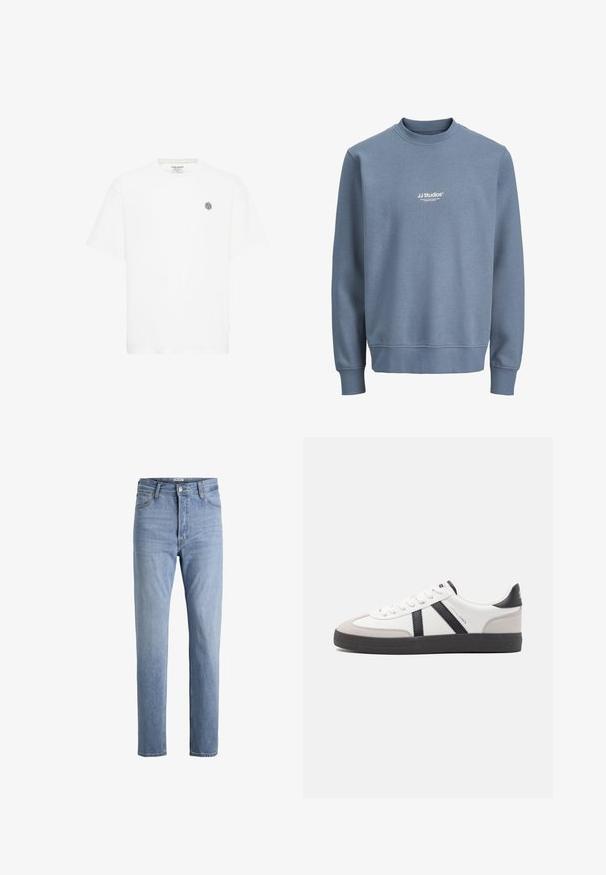Blå crewneck-sweatshirt med lange ærmer og hvidt "JJ Studios" logo centreret på brystet.; Hvid kortærmet t-shirt med rund halsudskæring og et lille gråt geometrisk logo på venstre bryst. Lavet af blødt bomuldsmateriale.; Lyseblå højtaljede jeans med lige ben, forreste knap, lynlås, bæltestropper samt lommer foran og bagpå.; Hvide sneakers med sorte og grå detaljer, med en tekstureret grå tåhætte, sort gummisål og flade hvide snørebånd. Rent design, minimalistisk stil.