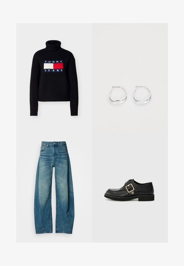Zwarte trui met geribbelde mouwen en coltrui. Voorzien van een logopatch aan de voorkant in blauw, rood en wit met de tekst "TOMMY JEANS".; Lichtblauwe denim wijde-broek jeans met vage plekken en kleine verfspetters. Heeft een klassiek vijf-pocket ontwerp en een knoopsluiting.; Zwarte leren schoen met een ronde neus, voorzien van een gouden gesp en een platte rubberen zool. Gladde textuur met subtiele stikseldetails.; Zilveren creolen met een gepolijste afwerking en DKNY-branding, weergegeven tegen een effen witte achtergrond.