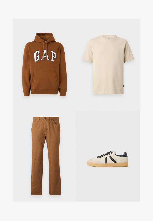 Sweat à capuche marron avec poche avant et grand logo "GAP" blanc bordé de bleu marine sur la poitrine.; T-shirt beige à manches courtes et col rond en coton avec couture minimale et petit logo ton sur ton sur le côté gauche de la poitrine.; Pantalons en coton marron à coupe droite, avec une fermeture à bouton, des poches latérales et une texture lisse. Convient pour une tenue décontractée.; Baskets décontractées en crème avec des rayures noires, présentant un dessus texturé et une semelle en caoutchouc. Les lacets sont noirs. Logo discret sur le côté.